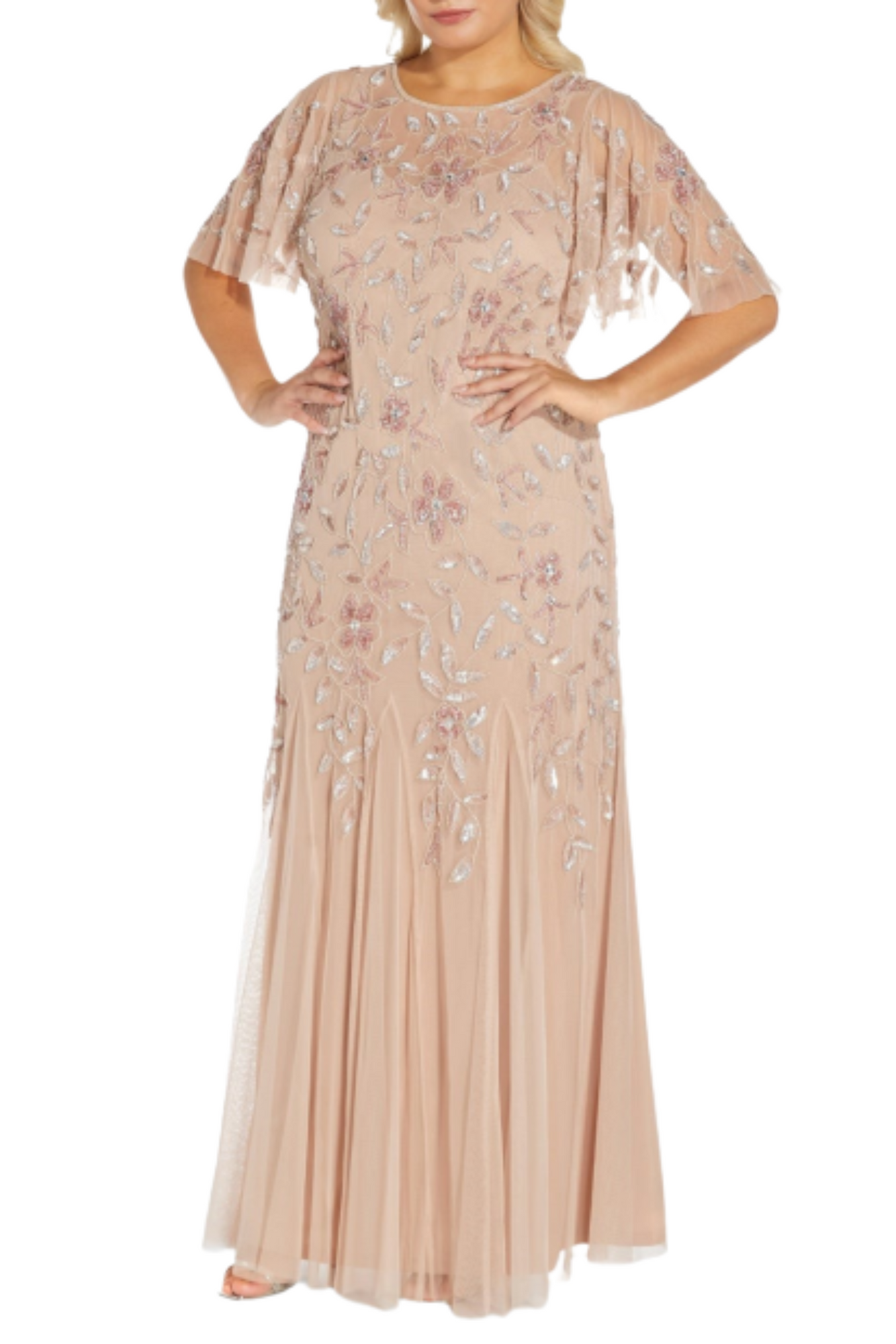 Adrianna Papell Floral Beaded Gown Blush