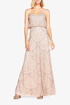 Adrianna Papell Art Deco Beaded Blouson Gown Taupe Pink