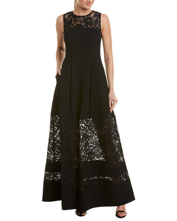 Aidan Mattox Lace Inset Crepe Gown Black