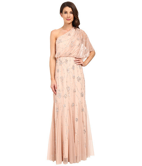 Adrianna Papell One Shoulder Beaded Gown - Blush - Adinas Bridal
