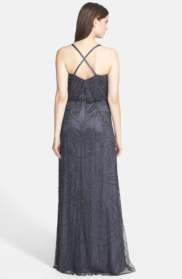 Adrianna Papell Beaded Chiffon Blouson Gown Gunmetal Adinas