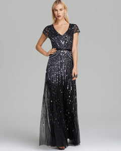 Adrianna Papell Beaded V neck Gown Gunmetal Adinas Bridal