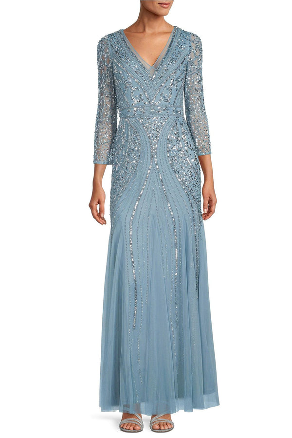 Adrianna Papell Beaded V Neck 3 4 Sleeve A Line Gown Air sky